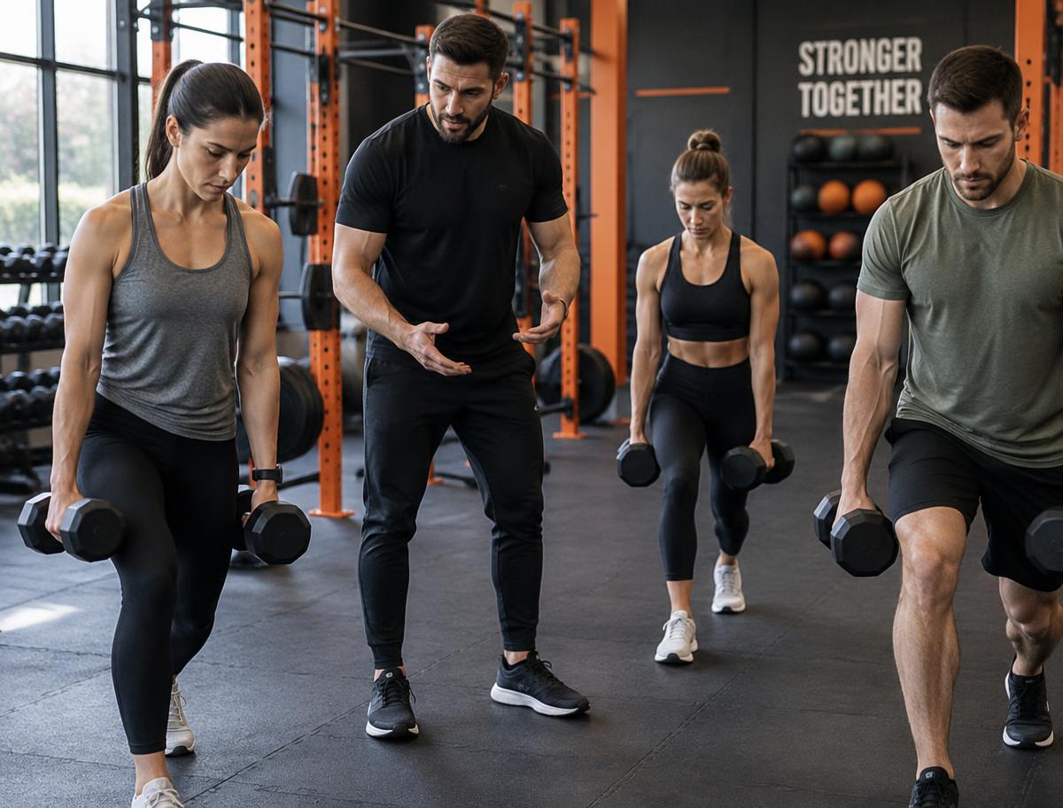 A coach guiding members through strength training